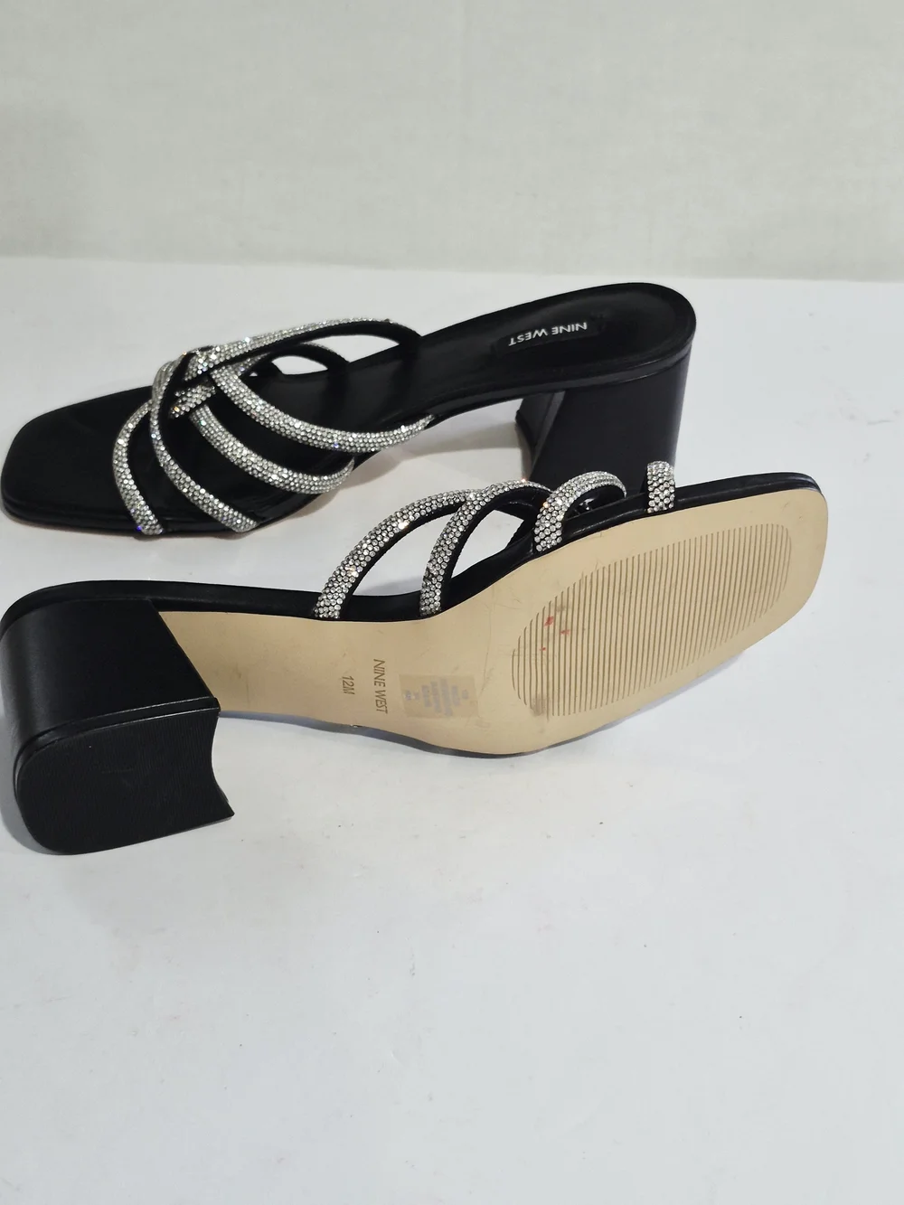 Nine West Black Heeled Slide Sandals with Silver Crystal Straps Size 12